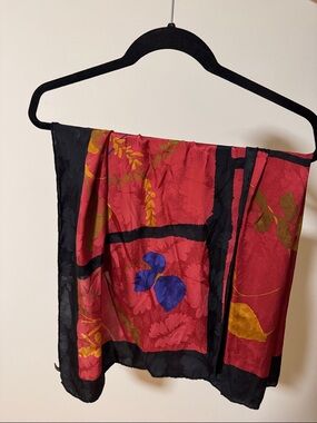 Red Black Floral 100% Silk Scarf Sheer Lightweight